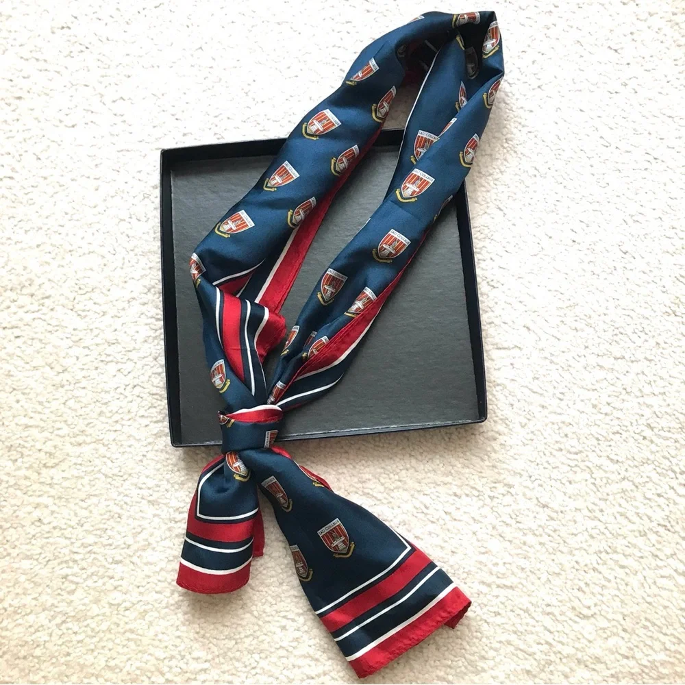 NWOT 100% Silk Navy Crest Print Rectangular Scarf with Red Border